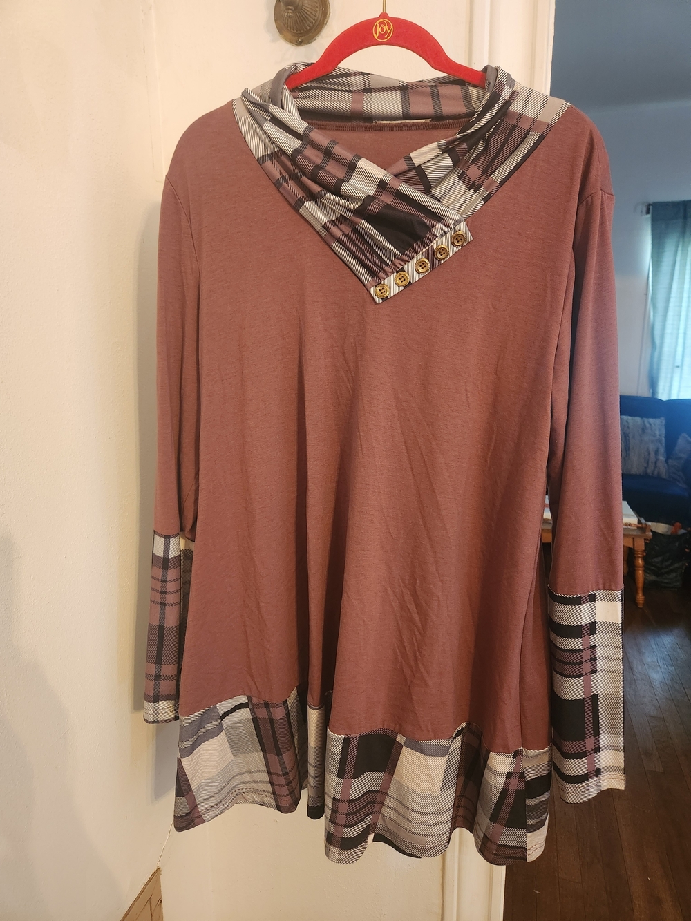 Plaid-Trim Long Sleeve Tunic in Dusty Rose
